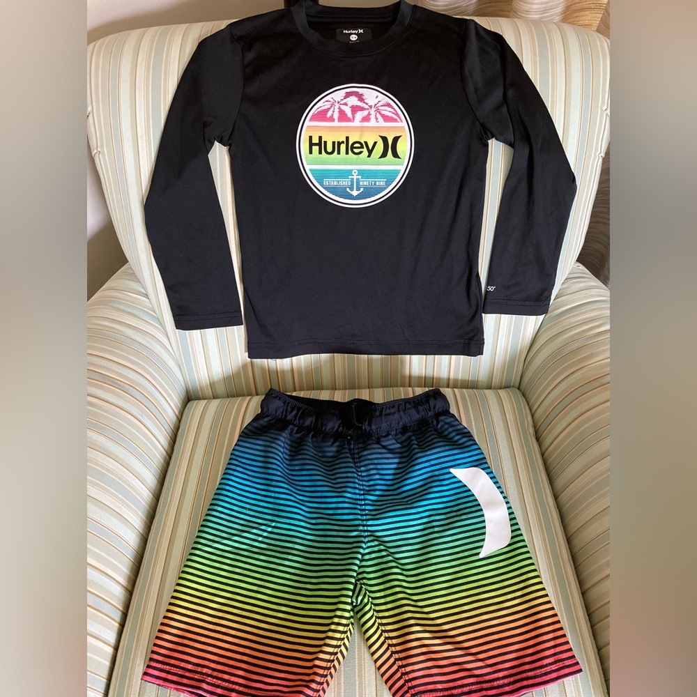 HURLEY KIDS 2-PIECE SWIM SET UPF 50+ LONG SLEEVE SHIRT & TRUNKS SIZE 5/6 🌟EUC🌟 - Picture 15 of 16
